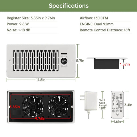 Smart 10 Speed Register Booster Fan For 4x10 Inch Registers With Thermostat Remote Control And LCD Smart Controller specifications