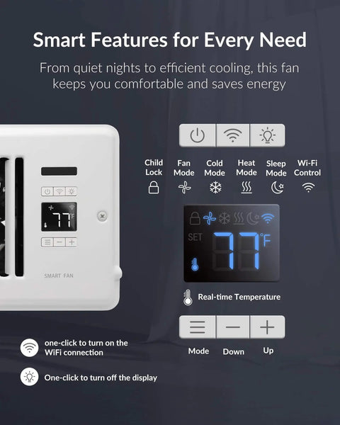 Smart Register Vent Fan For 4 By 10 Inch Register Holes With Ultra Quiet Operation showing control panel and WiFi features.