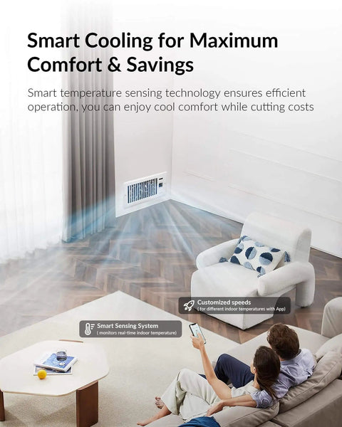 Smart Register Vent Fan For 4 By 10 Inch Register Holes With Ultra Quiet Operation Dual Intelligent Thermostat And WiFi App Control Heating And Cooling HVAC Airflow Booster Eliminates Cold Or Hot Spots Energy Saving Comfort White installed in living room wall, with family using app control on sofa.