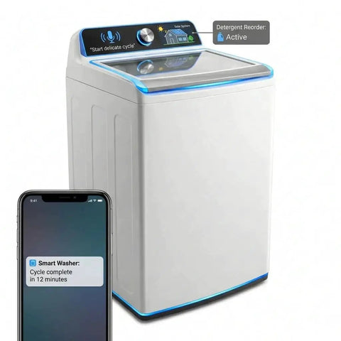 Efficient 4.5 cu ft top load washer with a triple action impeller tackles tough dirt and stains, front view with smart features.