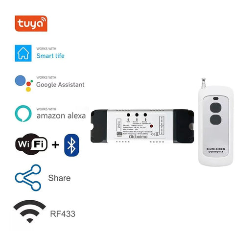 WiFi smart linear actuator motor controller with white remote and RF433 relay module; Tuya and Alexa logos visible