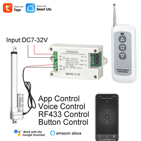 DC7-32V WiFi smart linear actuator controller with remote and app control, white enclosure, green terminal block
