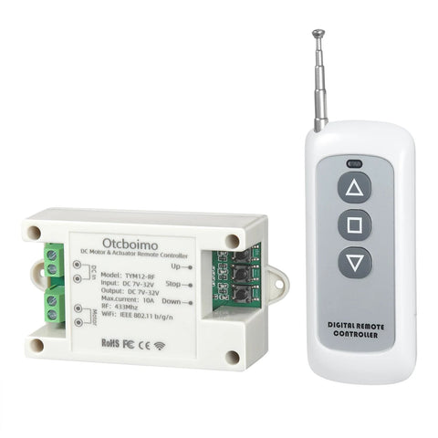 White DC motor controller module with green screw terminals and a four-button RF remote.