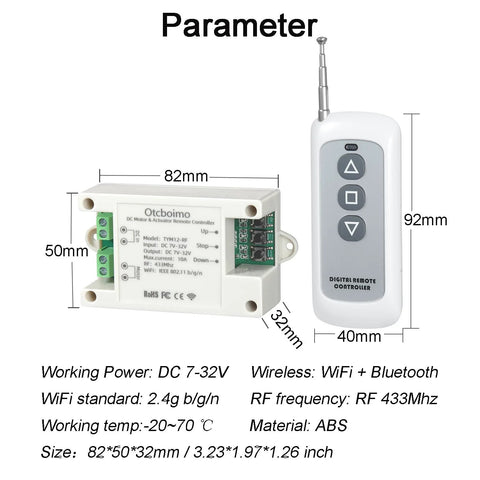 DC7-32V WiFi smart linear actuator controller with wireless RF remote; white ABS housing, RF433MHz