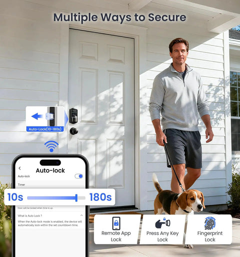Front door with Built In WiFi Smart Lock With 2 Knobs Keyless Entry Front Door Handle Set For Hands Free Access Remote App Control Fingerprint Access Electronic Digital Keypad Deadbolt IP65 Weatherproof Matte Black, man walking dog.