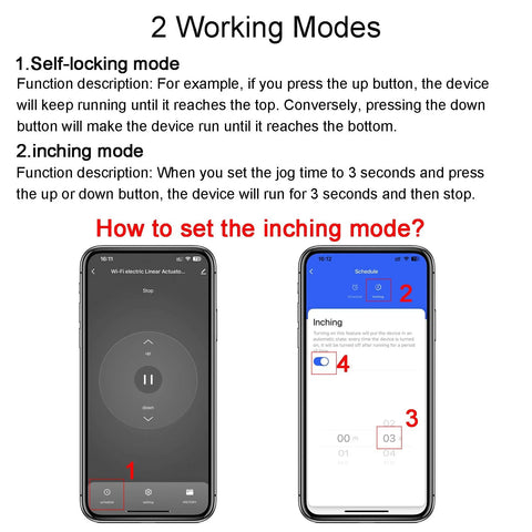 DC7-32V WiFi smart linear actuator app control diagram showing self-locking and inching modes on two smartphones