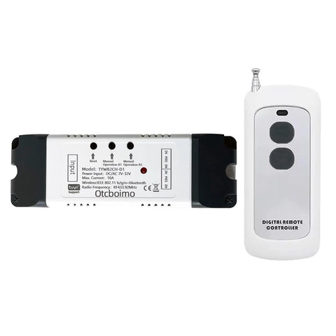 White Otcbomio WiFi smart actuator controller with forward/reverse relay and two-button remote.