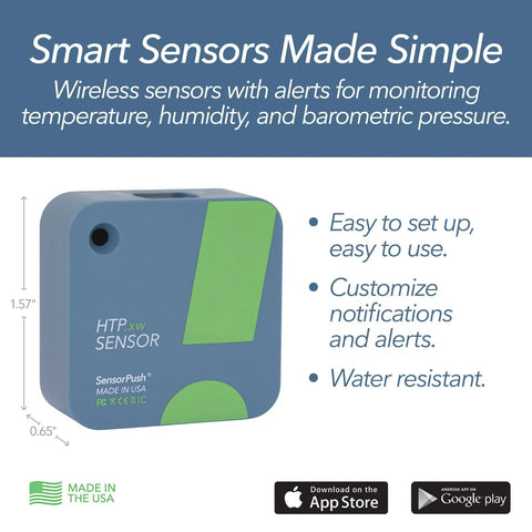 SensorPush HTP.xw smart temperature and humidity sensor in blue with green panel for app monitoring