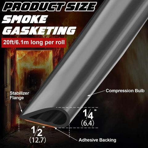 Adhesive fire/smoke silicone gasket, 0.5 W x 0.25 H, 20 ft, black smoke seal for doors and windows.