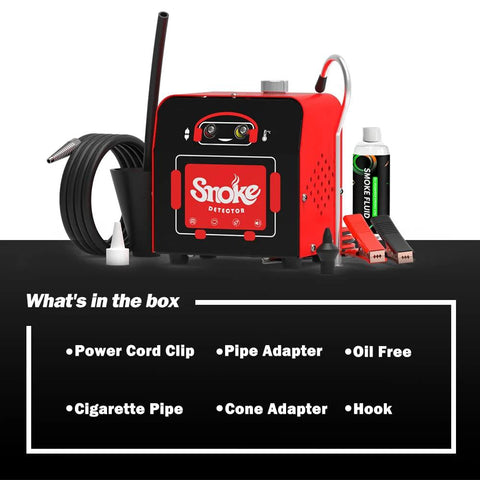 Solary automotive smoke leak tester SD101 red diagnostic device with coiled hose, smoke fluid bottle, and assorted adapters.