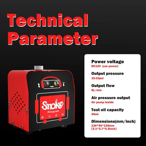 Solary SD101 automotive smoke leak tester, red and black portable diagnostic device with front panel smoke graphic