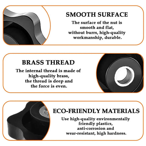 4 Pack 1/4-20 Nylon Star Knob Handles showcasing smooth surface, brass thread, and eco-friendly materials features.