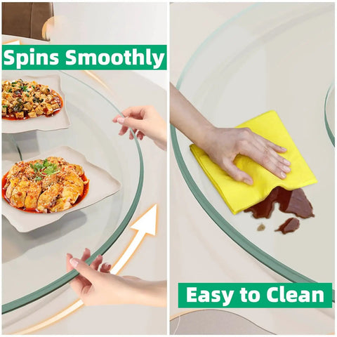 30.7 Inch Glass Turntable for dining table showing easy cleaning and smooth spin with two food dishes on top