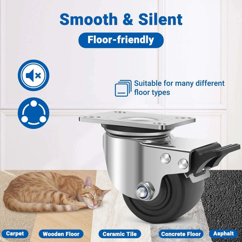 3 inch stainless steel heavy duty caster wheels set of 4 with swivel plate design, close-up view showcasing floor-friendly features.