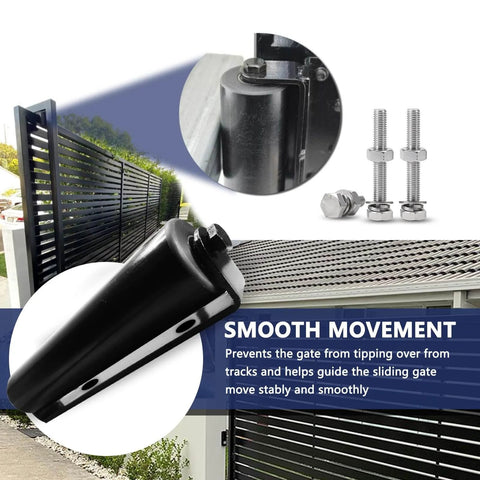 Single Slide Gate Guide Roller with C Post Welded Bracket, hard nylon gate guider and screws, side view for smooth motion and alignment