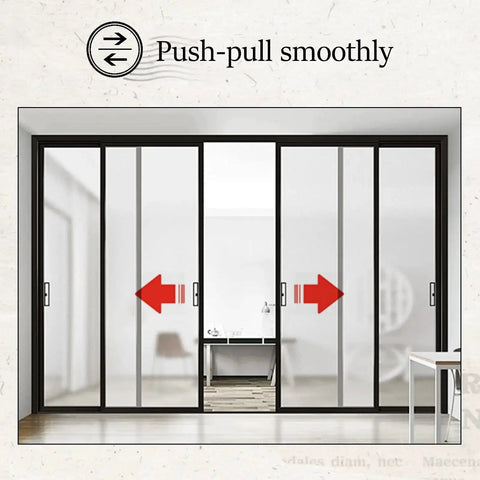 Sliding glass doors with arrows indicating push-pull direction for smooth operation in coastal and humid environments.