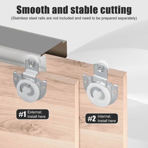 Sliding Closet Door Roller Kit 4 Pieces, Flexible Wardrobe Bypass Door Hardware Set With Screws shown installed on wood panel