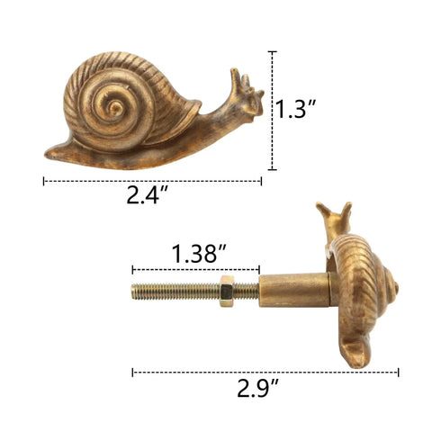 Vintage Metal Snail Shaped Cabinet Knob 2 Piece Set With Mounting Screws, side view showing measurements and antique gold finish.