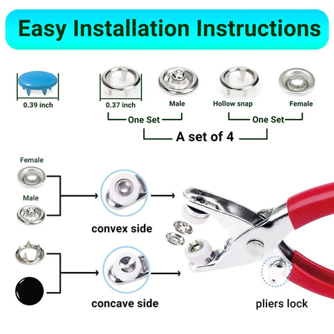 Metal Snap Button Kit For Fabric DIY Sewing 9.5mm Snaps With Pliers Press Tool, 100 Sets 402 Pcs usage and installation diagram