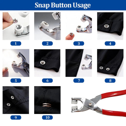 100 Sets Snap Button Kit With 10 Colors, metal snaps and pliers fastener parts usage guide for DIY clothing and crafts