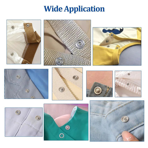 Various uses of 100 Sets Snap Button Kit With 10 Colors on clothing and crafts, showing installed snaps on different fabrics.