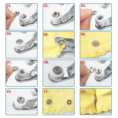 All In One Metal Snap Button Kit With Pliers For DIY Clothes Hats And Sewing, 400 Snap Pieces, 100 Sets, step-by-step installation