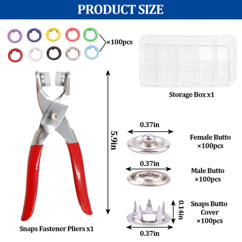 100 Sets Snap Button Kit With 10 Colors, Metal Snaps And Pliers Fastener Parts, Multicolor Press Tool Kit For DIY Clothing And Crafts 9.5mm with pliers, storage box, and metal snaps.