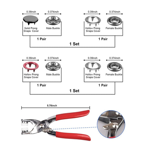 Metal Snap Button Kit With Pliers Tool Set for DIY Sewing, 9.5mm prong snaps description and dimensions with pliers