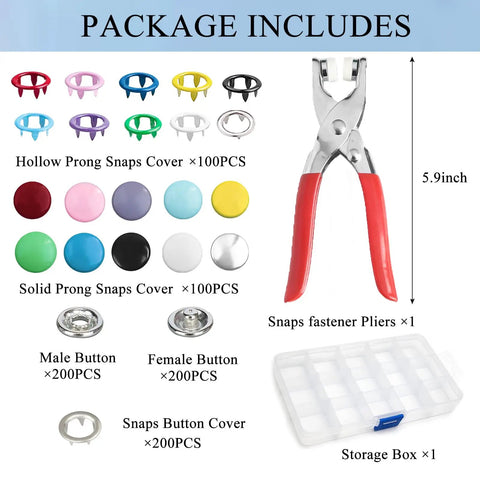 Ultimate Metal Snap Button Kit With Pliers Press Tool For DIY Clothing Hats And Sewing, 800 Pieces, 10 Colors, Storage Box