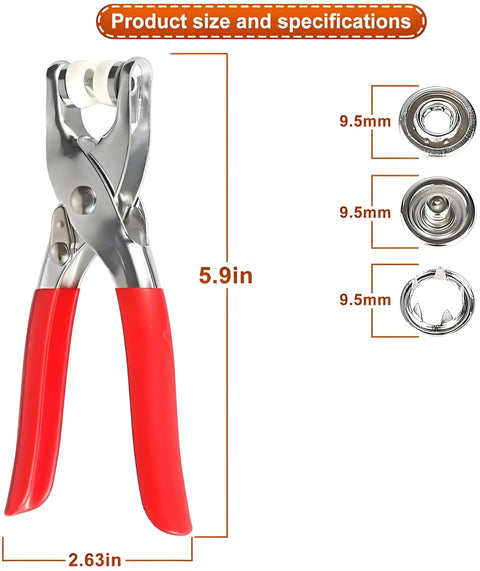 Must Have Snap Button Kit With Five Claw Buckle Pliers For Clothing Leather Crafting And Sewing, including 100 Sets Metal Snaps. Dimensions shown.