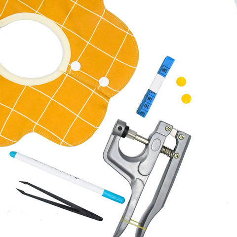Easy Snap Fastener Kit With Pliers, 360 T5 Plastic Buttons, 24 Colors With 15 Sets Per Color, shown with yellow fabric project