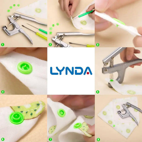 Image of Easy Snap Fastener Kit With Pliers, 360 T5 Plastic Buttons, 24 Colors for DIY sewing and craft projects, showing installation process.