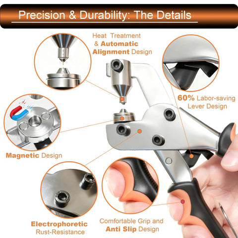 Close-up of heavy duty snap fasteners kit tool showing precision design features and comfortable grip for DIY repairs.