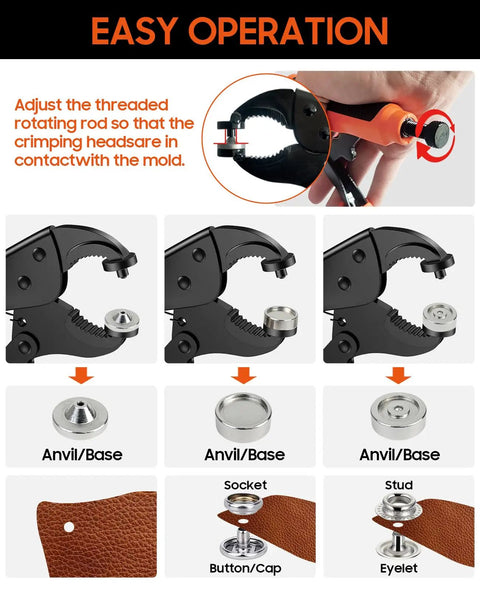 Diagram of Heavy Duty Snap Fastener Tool Kit With 100 Snap Sets In Four Colors, showing assembly steps and components.