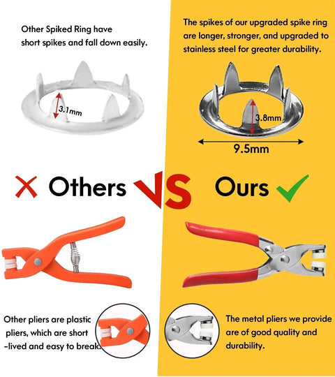 Comparison of spiked rings and pliers in the All In One Snap Fasteners Kit With Pliers 200 Sets 9.5mm No Sewing Needed DIY Press Studs For Fabric And Clothing Chrome Finish Rust Proof Easy To Use KAXIMON
