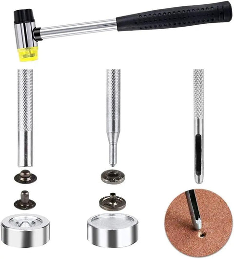 120 Set Snap Fasteners Kit For Leather 12mm Metal Button Snaps Press Studs With 4 Setter Tools And A Hammer in use on leather