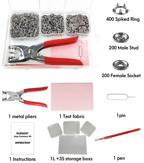 All In One Snap Fasteners Kit With Pliers 200 Sets 9.5mm No Sewing Needed DIY Press Studs For Fabric And Clothing Chrome Finish