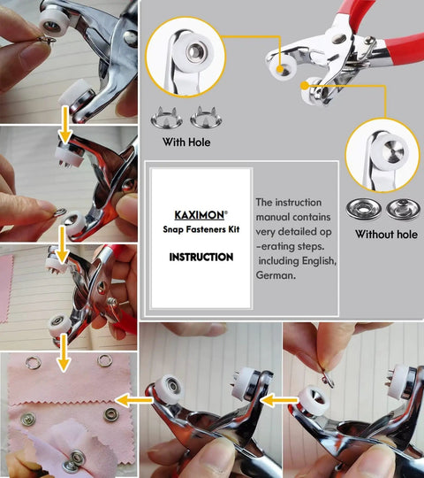 All In One Snap Fasteners Kit With Pliers 200 Sets 9.5mm No Sewing Needed DIY Press Studs For Fabric Chrome Finish Rust Proof