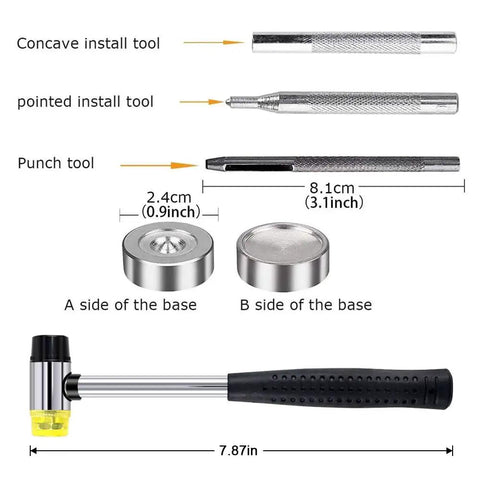 Set of tools including concave tool, pointed tool, punch tool, base components, and hammer for 120 Set Snap Fasteners Kit For Leather.