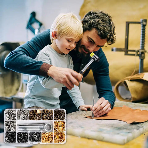Father and son using 120 Set Snap Fasteners Kit For Leather 12mm Metal Button Snaps Press Studs With 4 Setter Tools And A Hammer