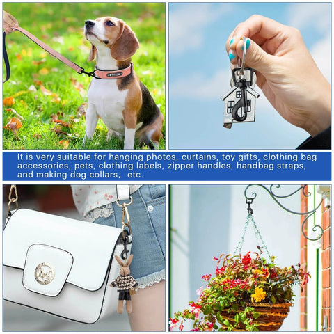 Collage showing uses of 20Pcs Bolt Snap Hooks Set For Dog Leash Clips And DIY Projects, including dog leash, keychain, purse, and hanging basket.