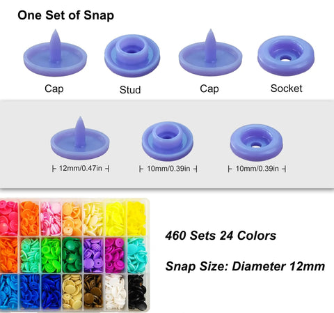 Diagram of snap components and multiple color snap display, part of All In One Plastic Snap Kit With Pliers From TmppDeco