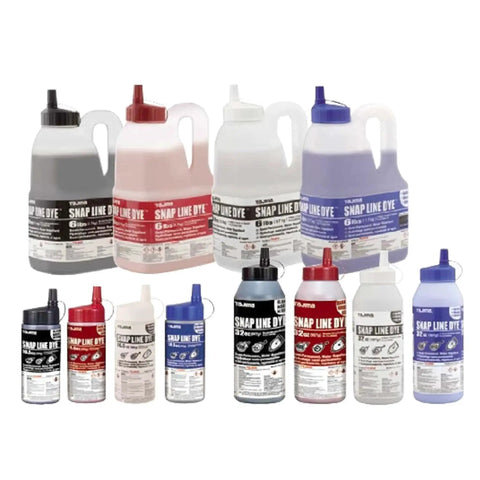 Multiple bottles of colored snap line dye for marking construction and woodworking surfaces.
