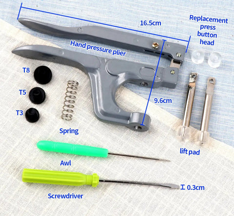 400 Snap Button Sets With Snap Pliers T5 Plastic Snaps No Sew Fasteners for clothing, showing pliers, springs, screwdriver, and awl.