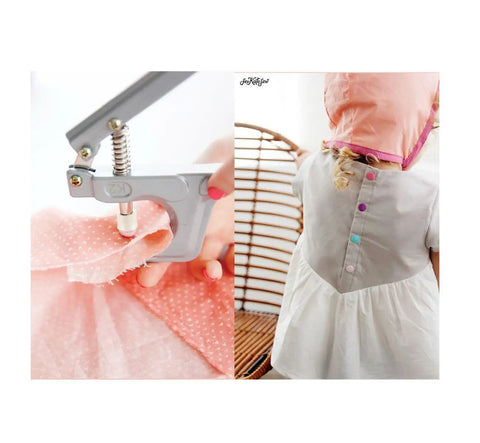 400 Snap Button Sets With Snap Pliers T5 Plastic Snaps No Sew Fasteners for clothing, featuring installation on a children's dress.
