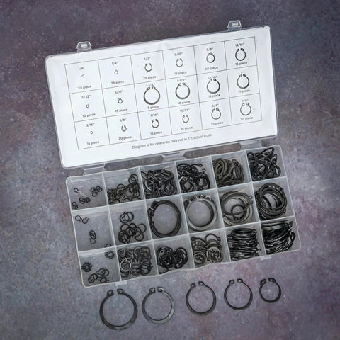 Ultimate Snap Ring Shop Assortment Kit With 300 Retaining Rings in 18 Sizes From 1/8 to 1-1/4 Inch, Neiko 50458A Kit Open View