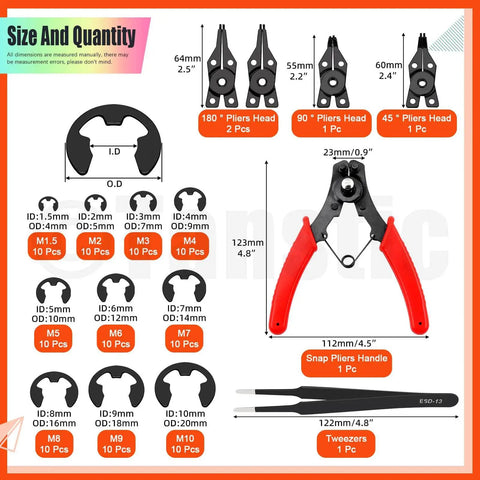 Image showing All In One C Clip And E Clip Retaining Ring Kit With Pliers And Tweezers, including details on sizes from M4 to M28 and 1.5 to 10mm.