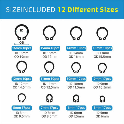 12 different sizes of E clips in 324 Piece E Clips And Snap Ring Kit In Carbon Steel For Heavy Duty Use 24 Sizes Assortment