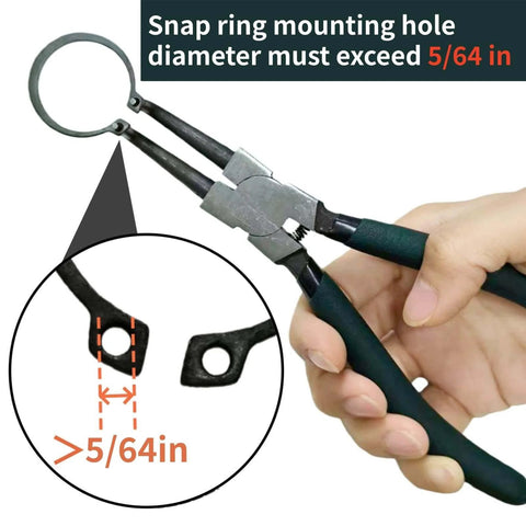 Close-up view of 7 inch snap ring pliers set 4 pcs internal & external straight and bent jaw, highlighting snap ring size requirement.