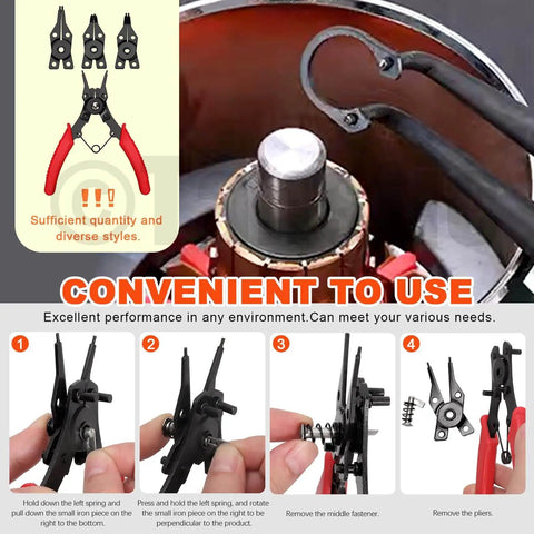 All In One C Clip And E Clip Retaining Ring Kit With Pliers And Tweezers, 312 Pcs Total, M4 To M28 And 1.5 To 10mm Sizes, 65Mn Steel Heavy Duty Snap Ring Set For DIY Gearheads displayed with usage steps.